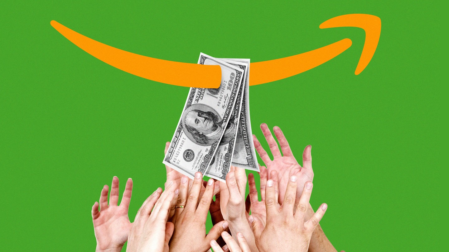 Hands grabbing for $100 bills pierced by the Amazon arrow