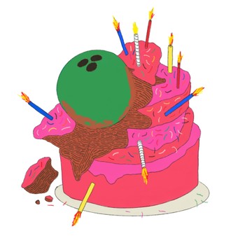 Illustration of a bowling ball lodged in a tiered pink birthday cake