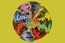 On green background, an LP record shattered into 8 multi-colored slices with different genre labels: Alt, Rap, Indie, Pop, Rock, Country, EDM, Metal