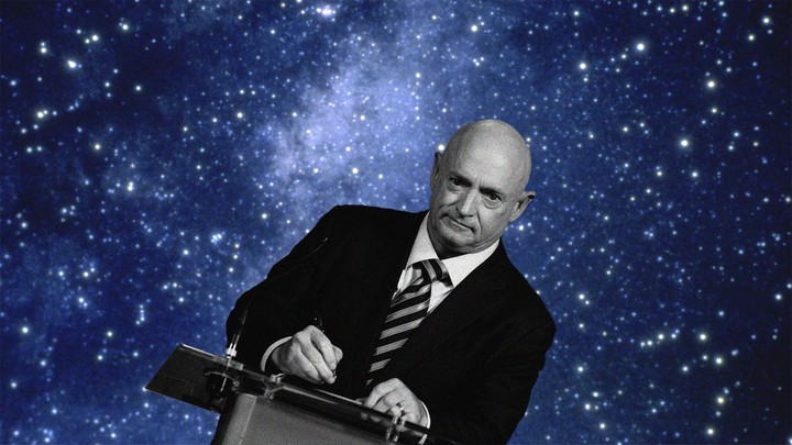 An illustration of Mark Kelly at a podium in front of stars.