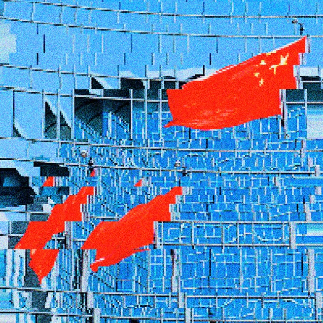An illustration of Chinese flags reflected in a skyscraper