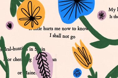 Illustrated flowers overlay lines of poetry