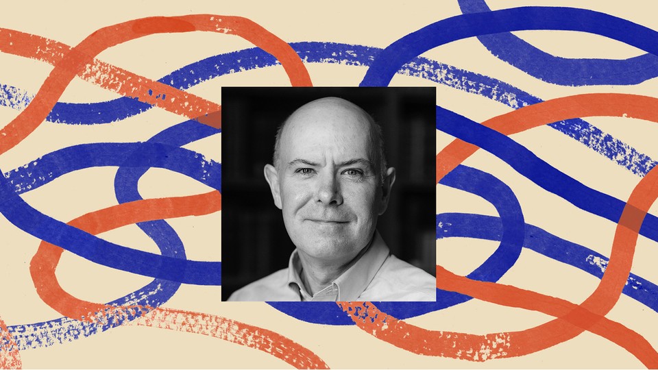 A black-and-white photo of economist Douglas Irwin, bordered by an illustration