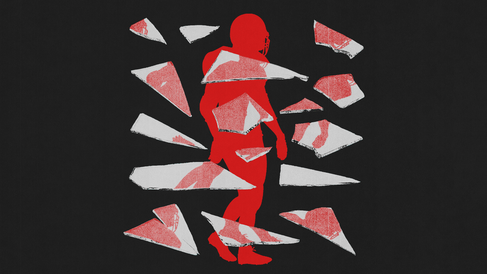 Illustration showing the silhouette of football player and pieces of shattered glass