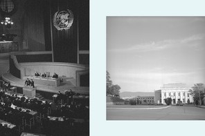 Left: General view of United Nations meeting. Andrev Gromyko, Soviet Ambassador to the US and leading Russian delegate, addressing the Assembly from the rostrum. January 17, 1946* Right: Palace of Nations / Anniversary day of the United Nations, Geneva, 1949