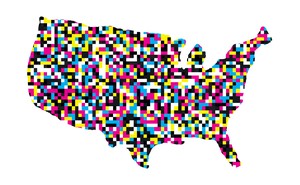 An illustration of the United States with multi-colored dots covering the map.