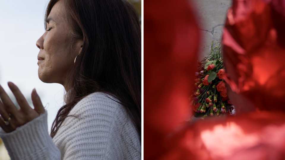 Two scenes from a vigil at Monterey Park City Hall: A woman with eyes closed and a bouquet of flowers