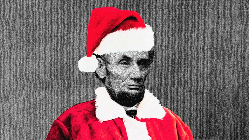 Illustration of Abraham Lincoln wearing a Santa suit