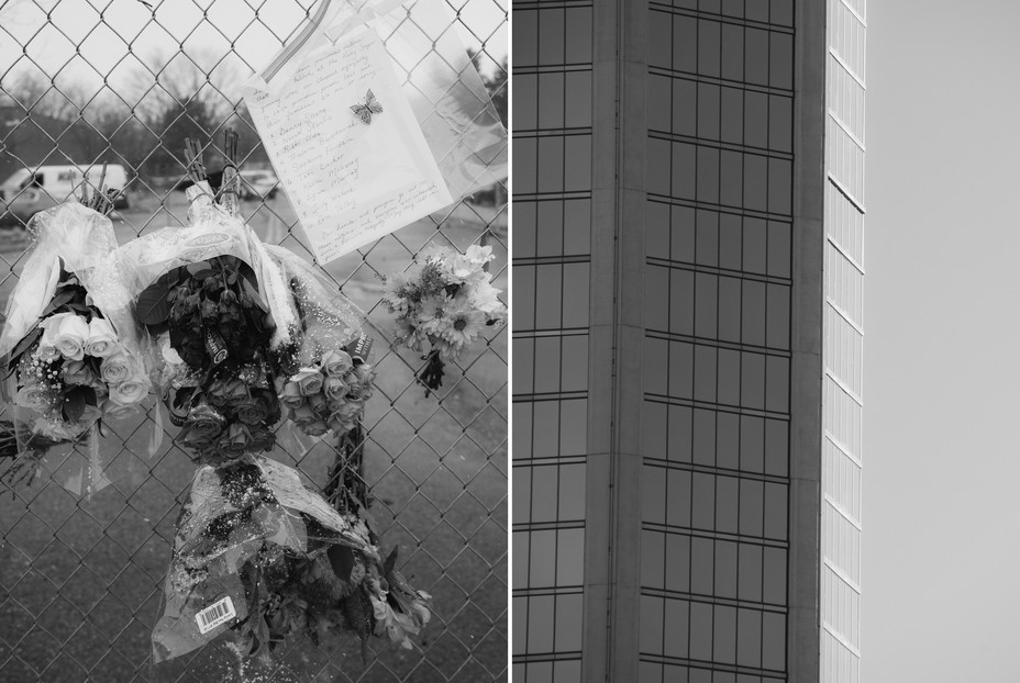 Left:  King Soopers supermarket, Boulder, Colorado. March 22, 2021: 10 people killed. Right: Picture of Mandalay Bay Hotel, Paradise, Nevada. October 1, 2017, where 60 people killed, 422 injured by gunfire.