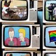 Stacks of TVs screening 'Beavis and Butthead,' 'Trailer Park Boys,' and 'Jackass'