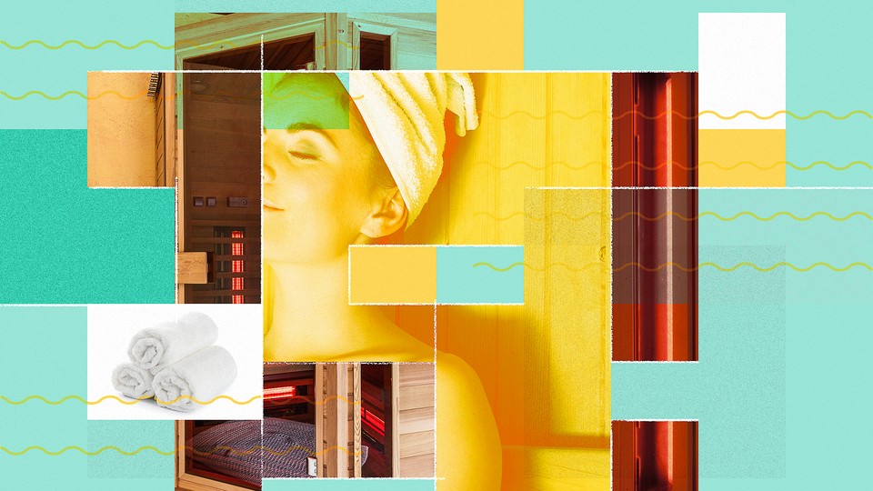 Collage including a woman relaxing with a towel wrap on her head, rolled towels, and infrared lights in a wood-paneled sauna