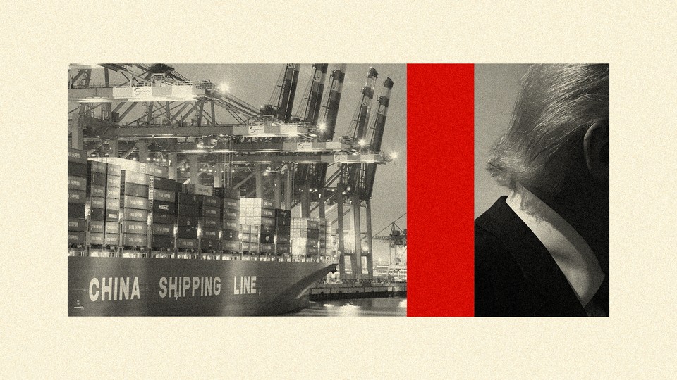 An illustration of a photo of a China Shipping Line cargo ship next to a photo of Donald Trump's profile.