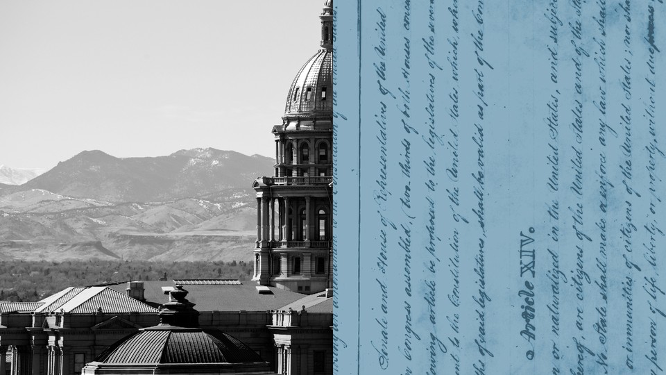 A building and mountains, with the text of the Constitution overlaid
