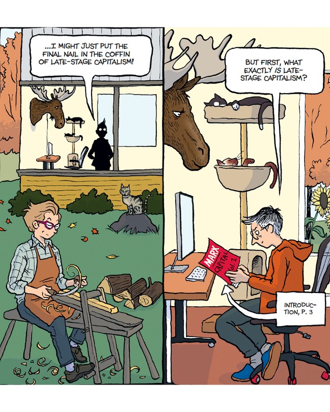  The person indoors sitting at a computer desk saying, "But first, what exactly is late-stage capitalism?"