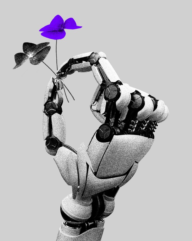 Image of a robotic hand holding two flowers, one purple and vibrant and the other black.