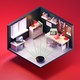 An illustration of a small office with a Roomba tracking everything in it, on a red background.
