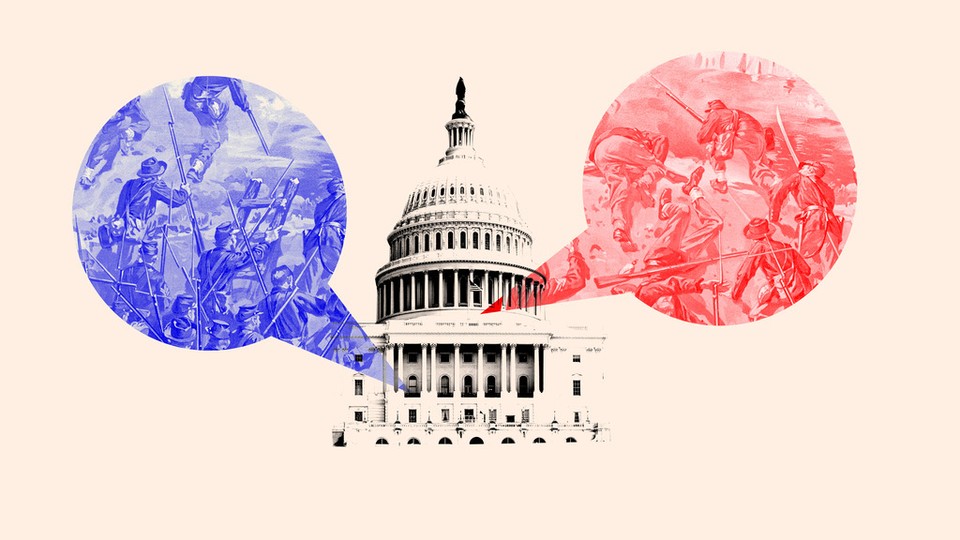 An illustration of the U.S. Capitol with red and blue speech bubbles.