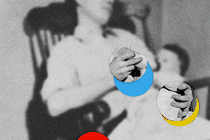A blurry photograph of a man feeding a baby, with red, blue, and yellow moon cutouts on top