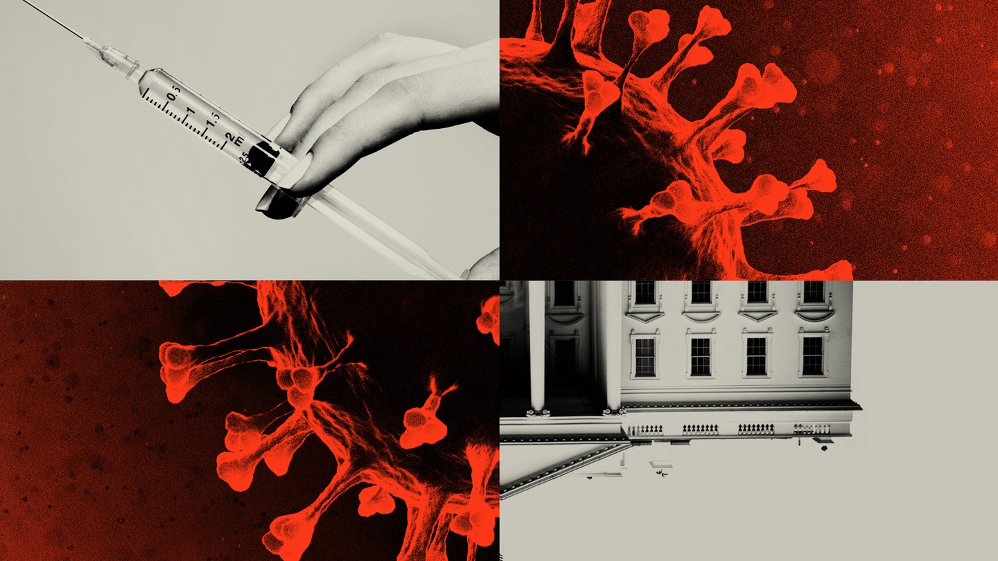 A collage of a syringe, the virus, and the White House