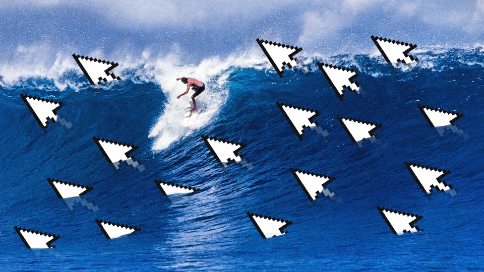 Collage of a grainy photo of someone surfing a large wave and mouse-click icons