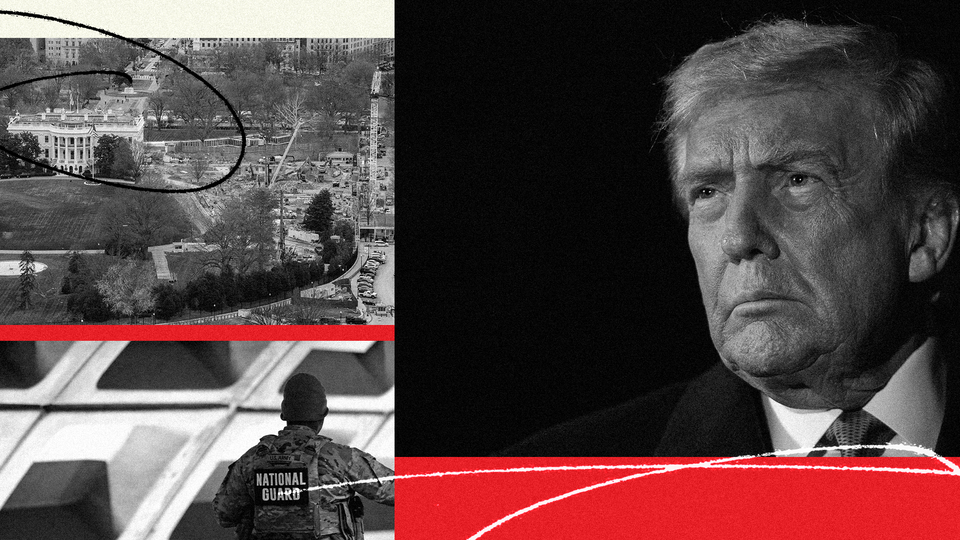 Composite image with black-and-white photographs of Donald Trump, the White House with a back circle drawn over it, and a National Guardsman