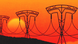 A series of electrical transmission line towers in the shape of Tesla's logo against an orange sky
