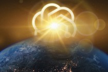 Illustration of the OpenAI logo rising like the sun behind earth