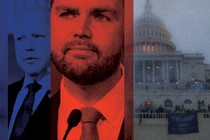 Photos of Tim Walz, J. D. Vance, and the U.S. Capitol