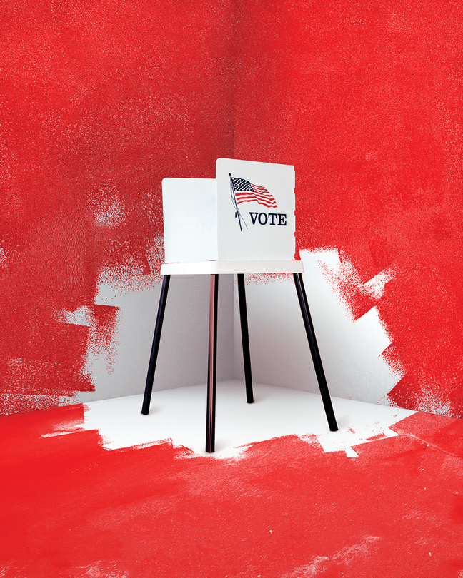 illustration of a voting booth in a corner surrounded and trapped by red paint