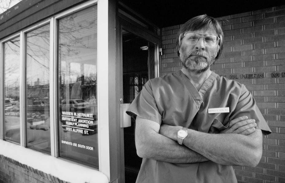 Picture of Warren Hern outside his clinic in Colorado in March 12, 1993
