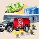 Illustration shows a truck with a Coca-Cola bottle in the back, avocado toast, a toothbrush atop a pair of blue jeans, and air conditioners.