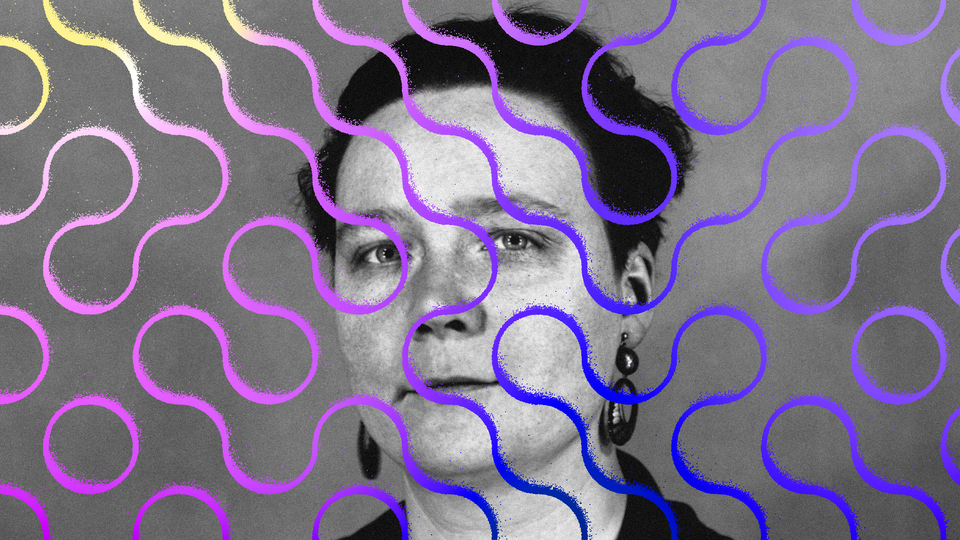 Black-and-white photo of Dorothy Sayers with squiggly lines overlaid