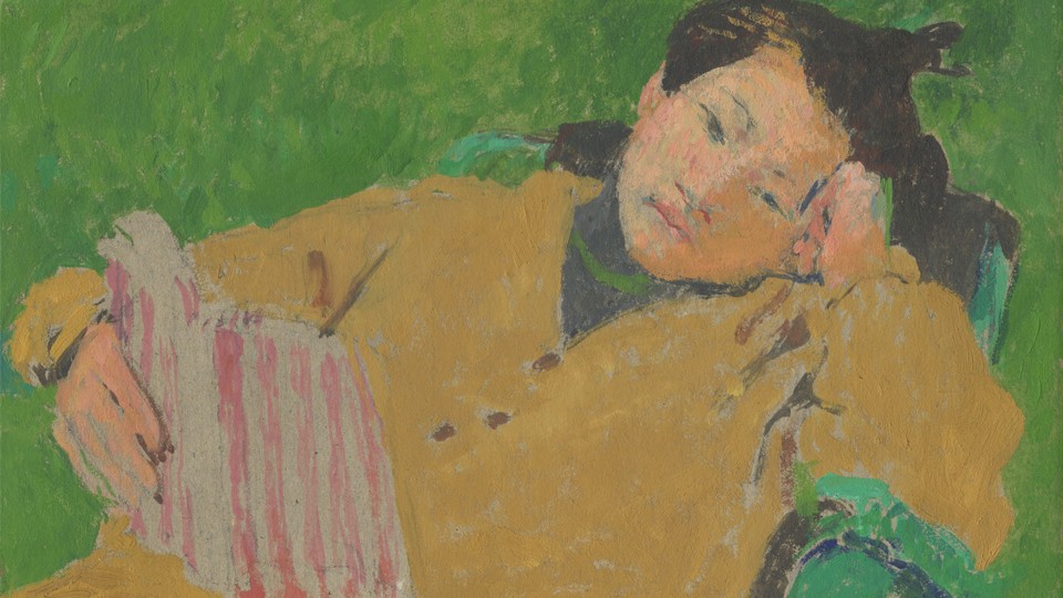 A painting of a dark-haired figure in a yellow jacket reading a pink-and-white-striped book