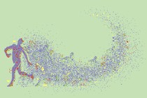 A colorful, pixelated person running