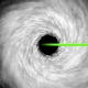A bright-green laser beaming through a white cosmic swirl on a black background