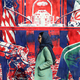 A woman walks in front of a red, white, blue, and green mural of a negotiating gable.