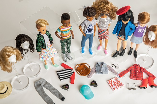 photo of colorful line of dolls on stands with multiple hairstyle and outfit choices surrounding them