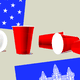 Red Solo cups between the American and Cambodian flags