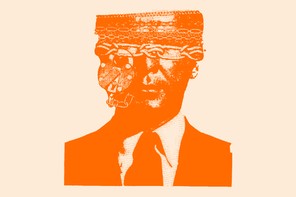 An orange-tinted illustration of the torso of a man in a suit and tie, with chains and a lock covering his entire face