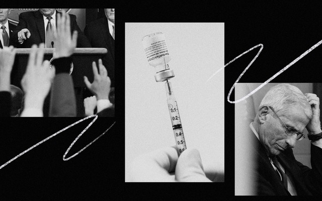 Photo illustration showing a Trump press conference, a vaccine syringe, and Anthony Fauci