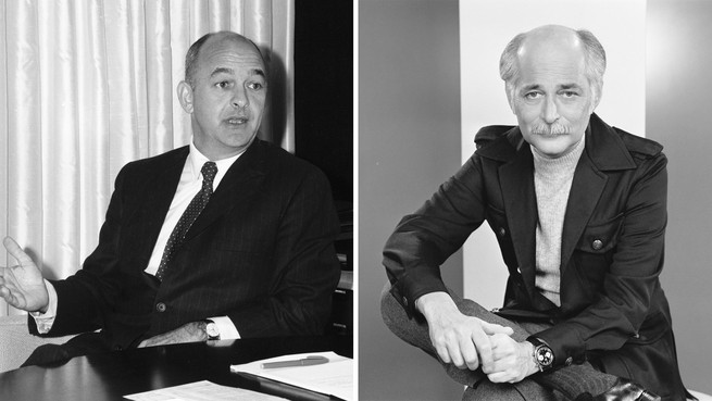 Two side-by-side black-and-white photos show Robert Wood and Norman Lear, who were responsible for putting All in the Family on TV.