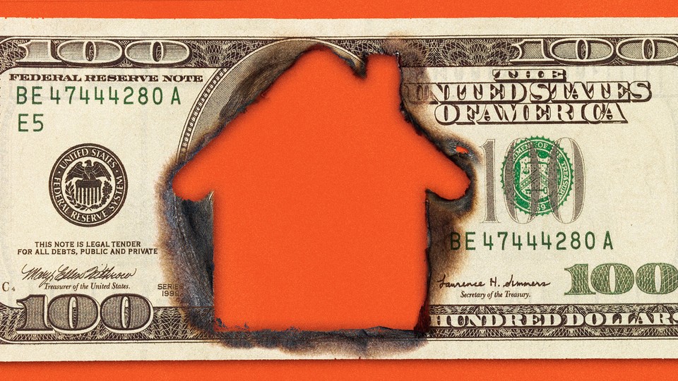 A house-shaped hole is burned into the middle of a $100 bill.