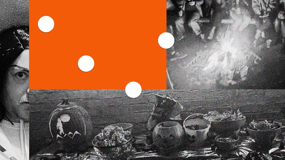 A collage from a Halloween party—people sitting around a fire, a table of snacks and candy, a man dressed as Björk.