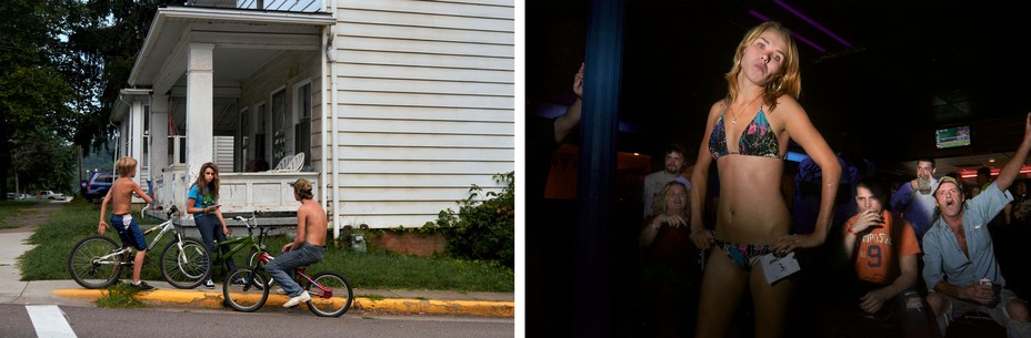 Diptych: Left; a group of kids sit on bikes outside a home. Right; a woman in a dark room wearing a bikini with a number pinned to it looks to the camera with people yelling behind her.