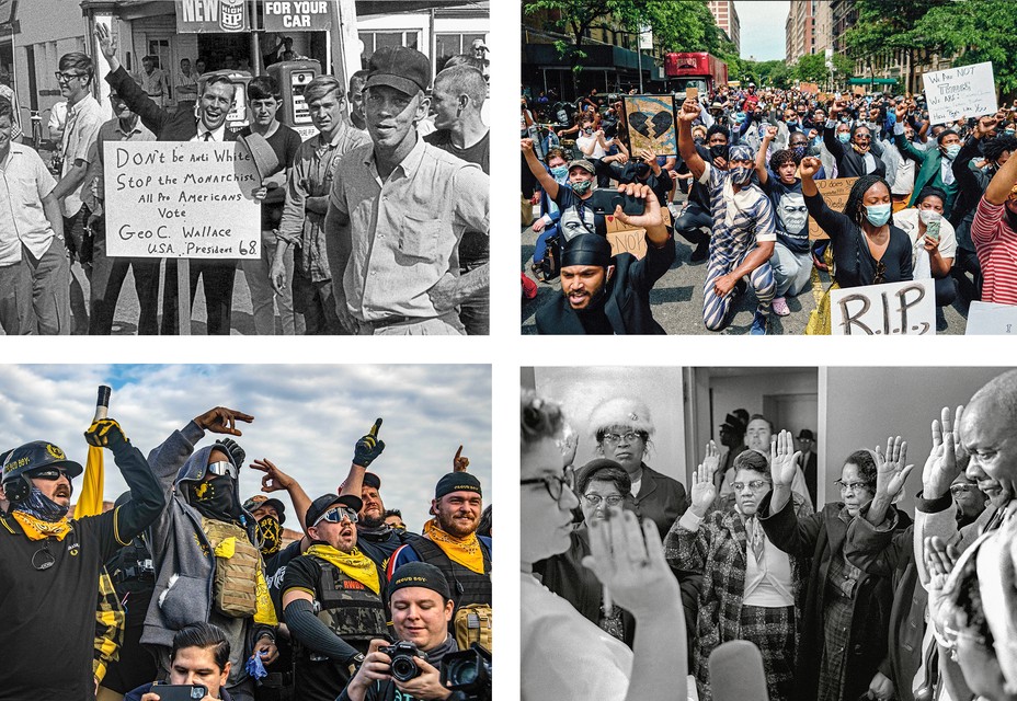 4 photos: white protesters, 1966; BLM protesters, 2020; first-time voters, 1965; Proud Boys, 2020