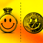 An illustration showing a triptych of smiley faces: one inside a diamond ring, one inside a quarter, and one inside a magnifying glass