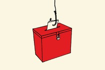 A drawing shows a red ballot box with a ballot in its slot snagged on a fishing hook.