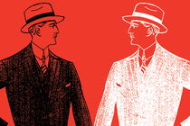 illustration of mirror images of man in suit and fedora facing each other in black and white on red background