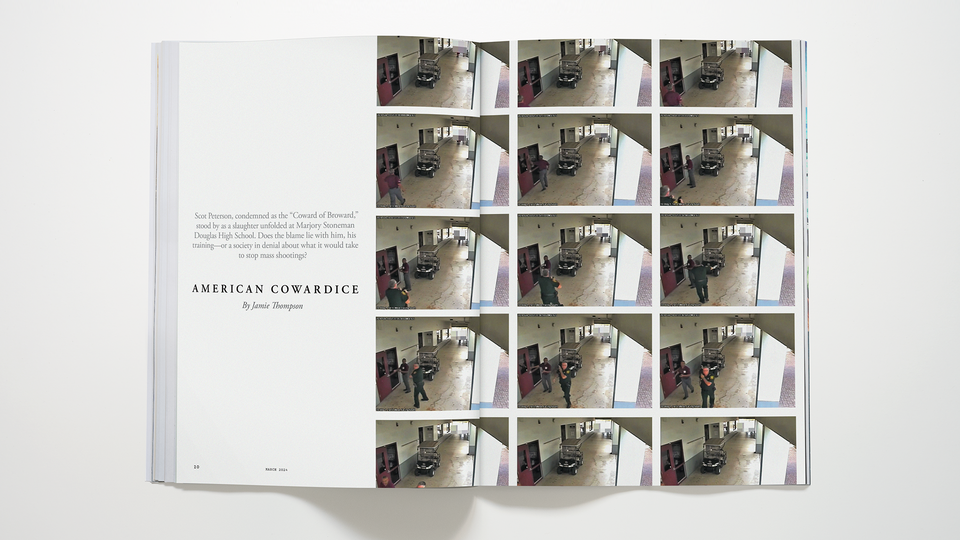 A photo-realistic mockup of an Atlantic magazine spread