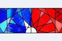 Illustration of a stained glass window with a blue-tinted left side and a red-tinted right side. An arrow is pointing to the left side.